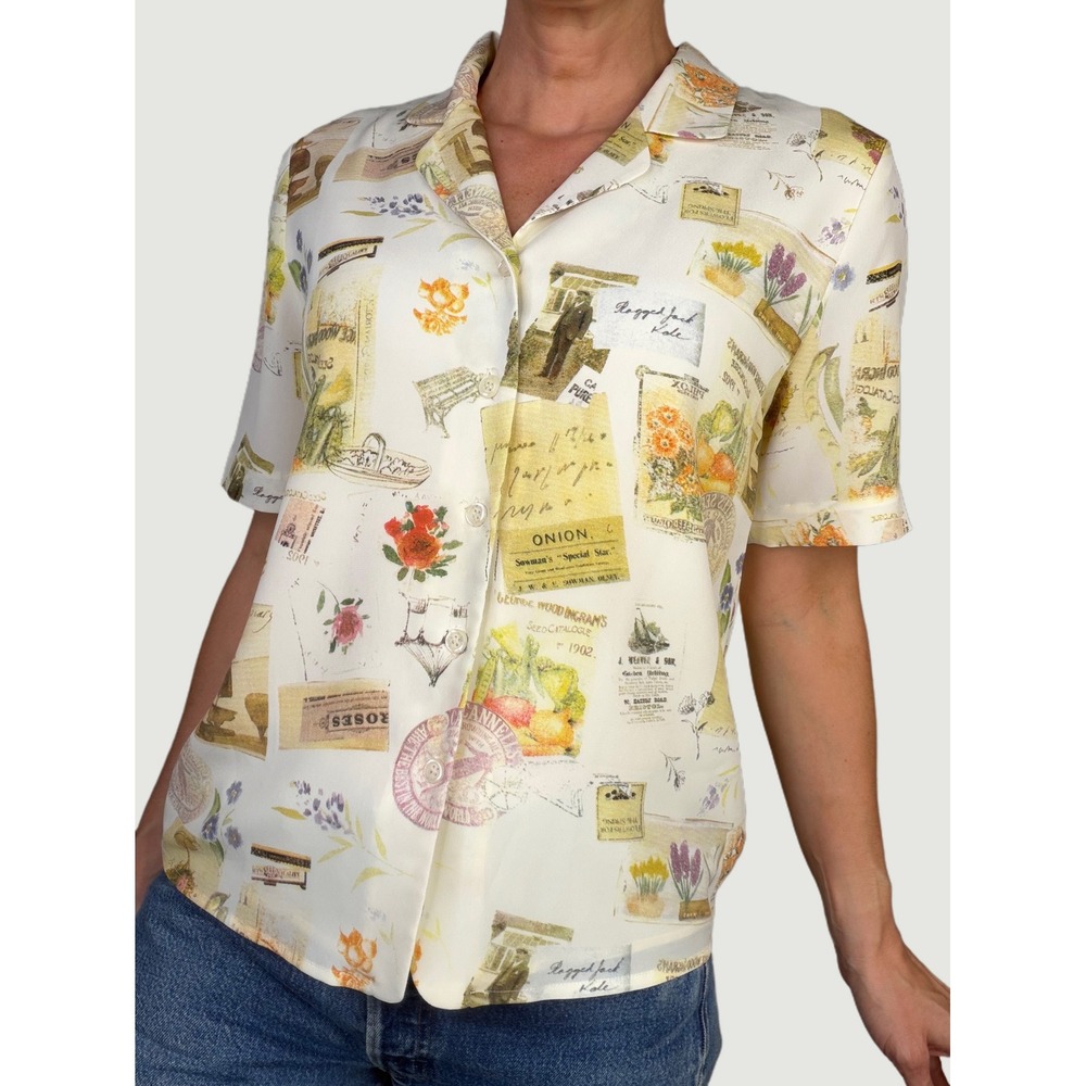 Liz Claiborne Botanical Postcard Print Short Sleeve Blouse Cream Floral Garden S